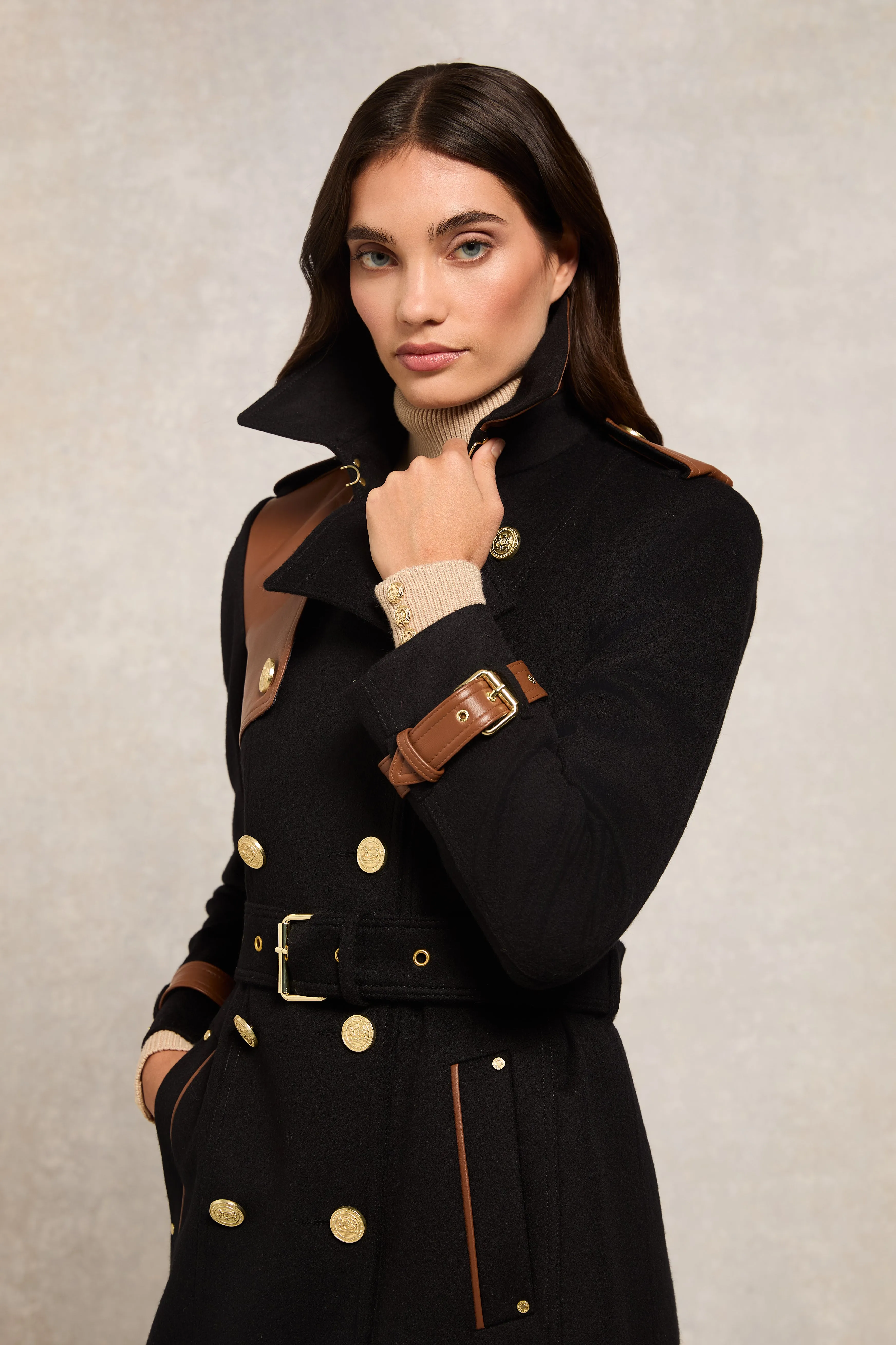 Full Length Marlborough Trench Coat (Soft Black Tan)