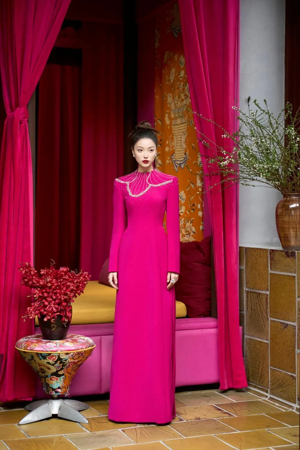 Gracen Sheath High Neck Velvet Satin Floor Length Ao Dai