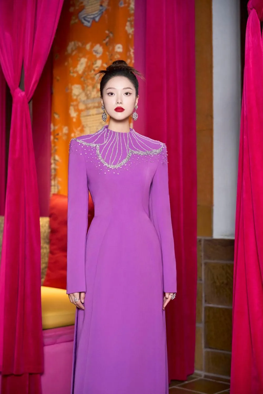 Gracen Sheath High Neck Velvet Satin Floor Length Ao Dai