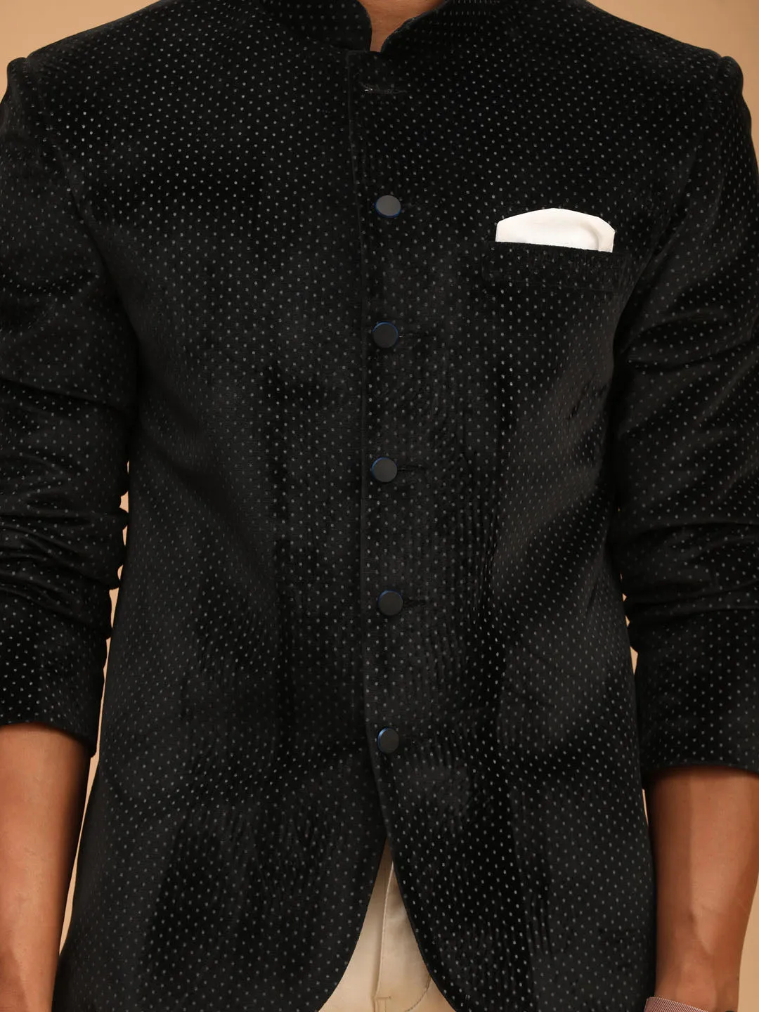 Jashvi Men's Black Polka Dot Printed Velvet Jodhpuri