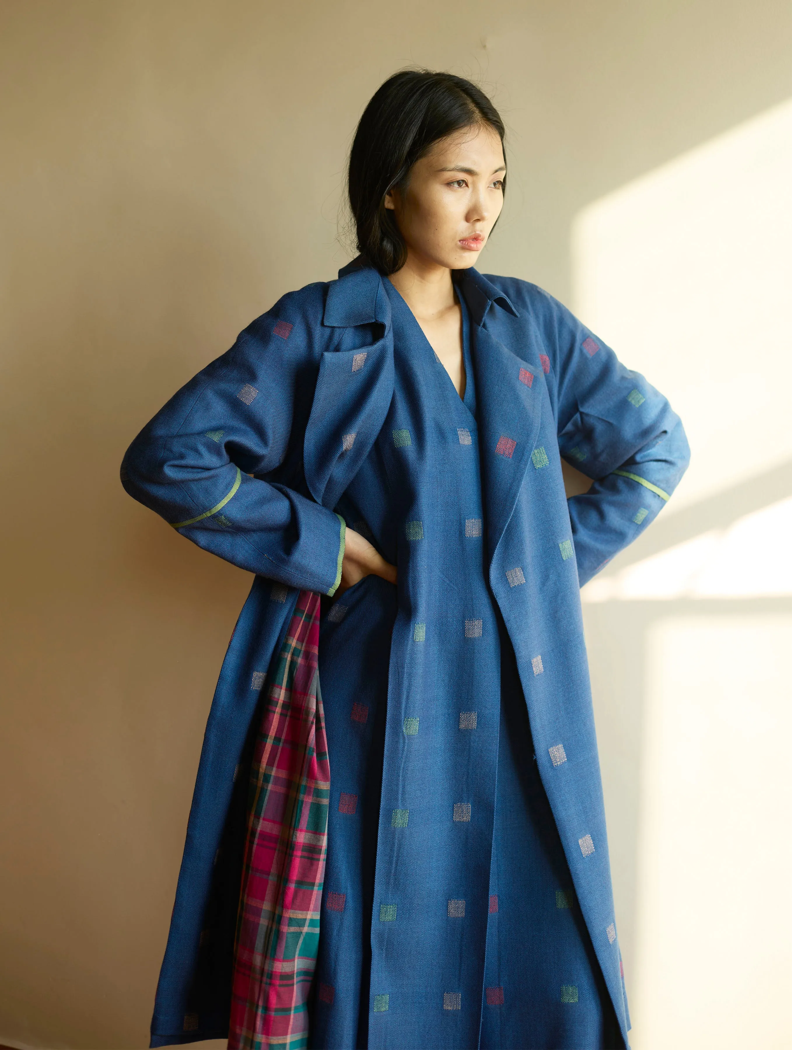 Kayan Jamdani Wool Dress with Jacket - Navy