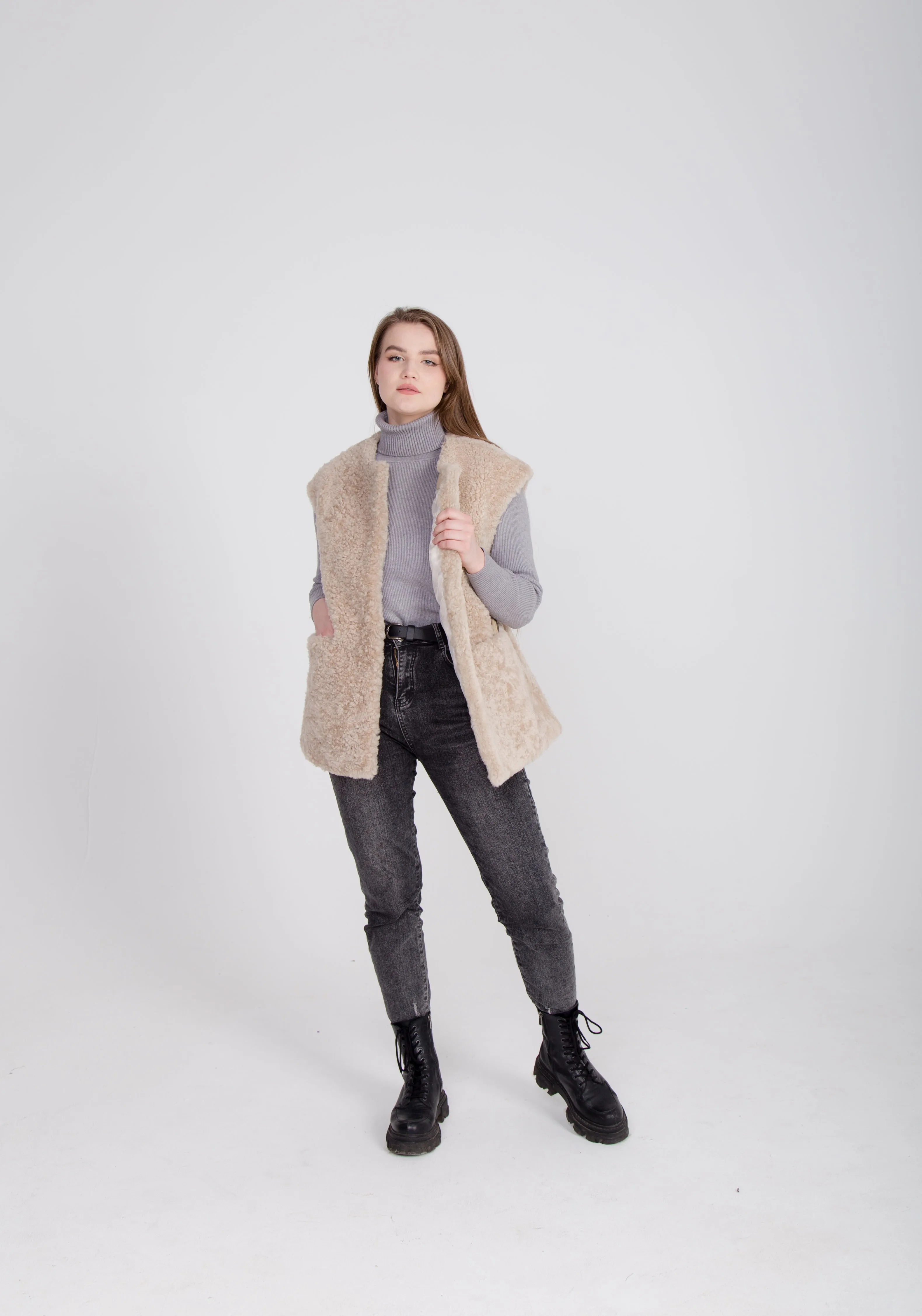 Long Beige Womens Shearling Vest with Boucle Sheepskin and Two Colored Leather Belt