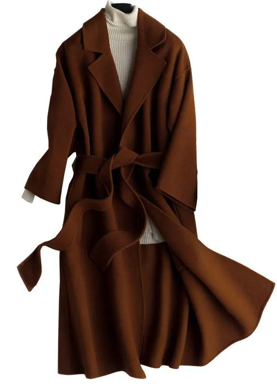 Luxury Oversize Trench Coat  Coat Brown Notched Tie Waist Woolen Coat Women