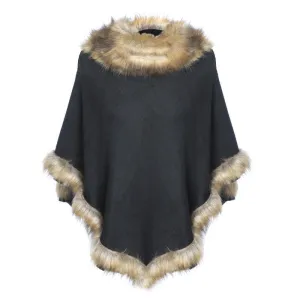 Luxury Poncho with Faux Fur Trim (One Size) - Black