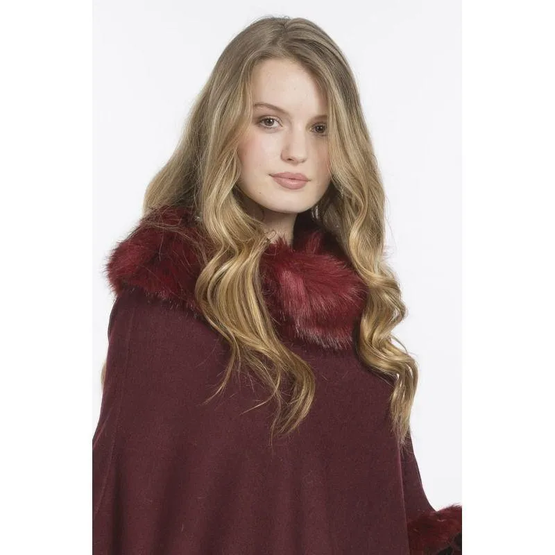 Luxury Poncho with Faux Fur Trim (One Size) - Red