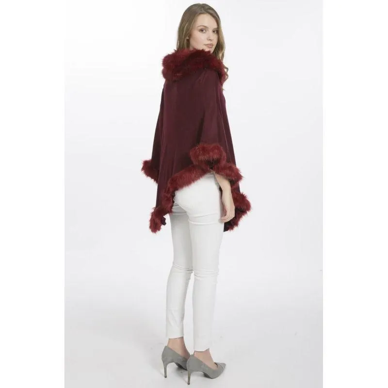 Luxury Poncho with Faux Fur Trim (One Size) - Red