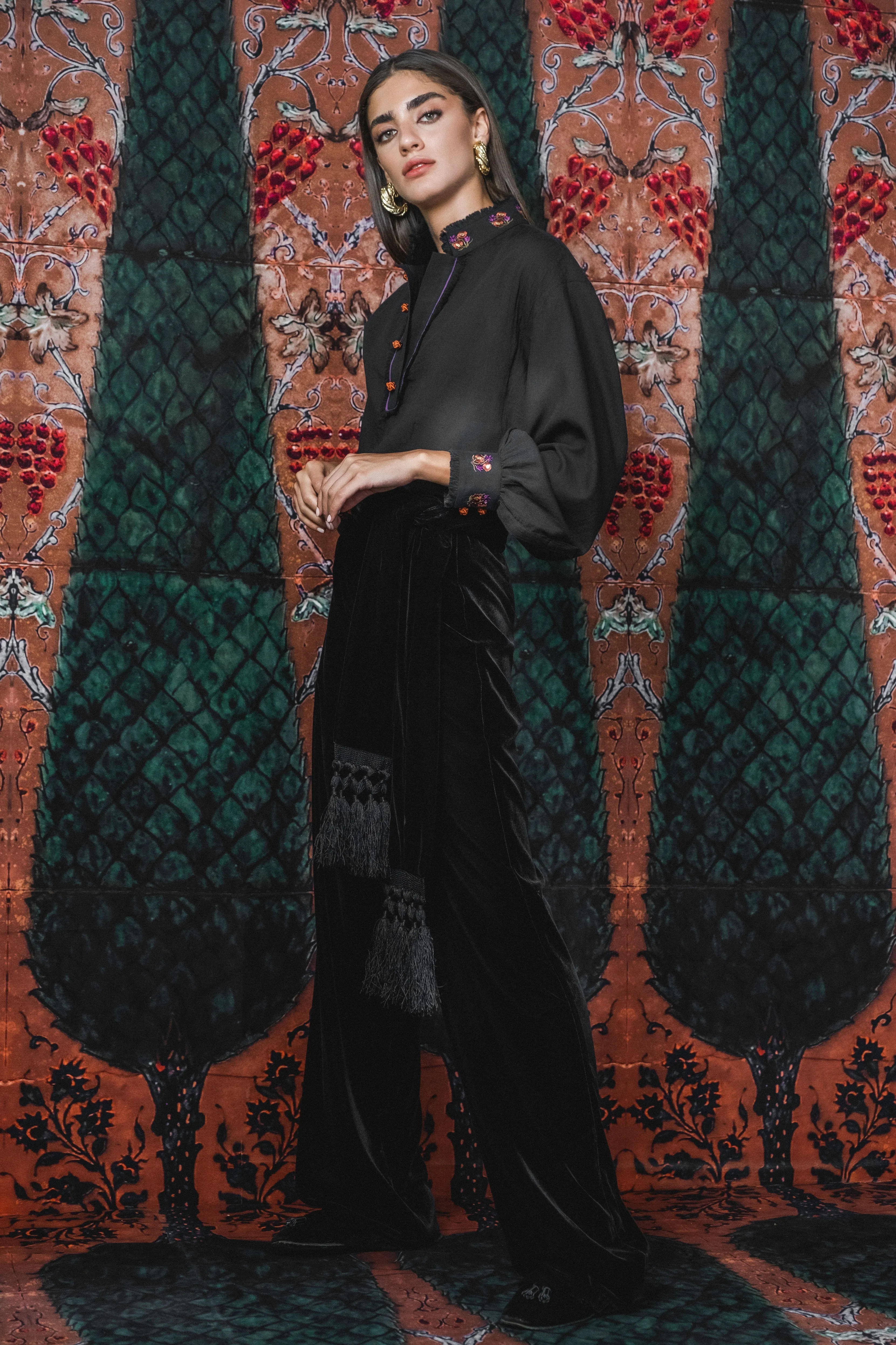 Mahtab Straight Leg Velvet Pants - Black by Rosewater House