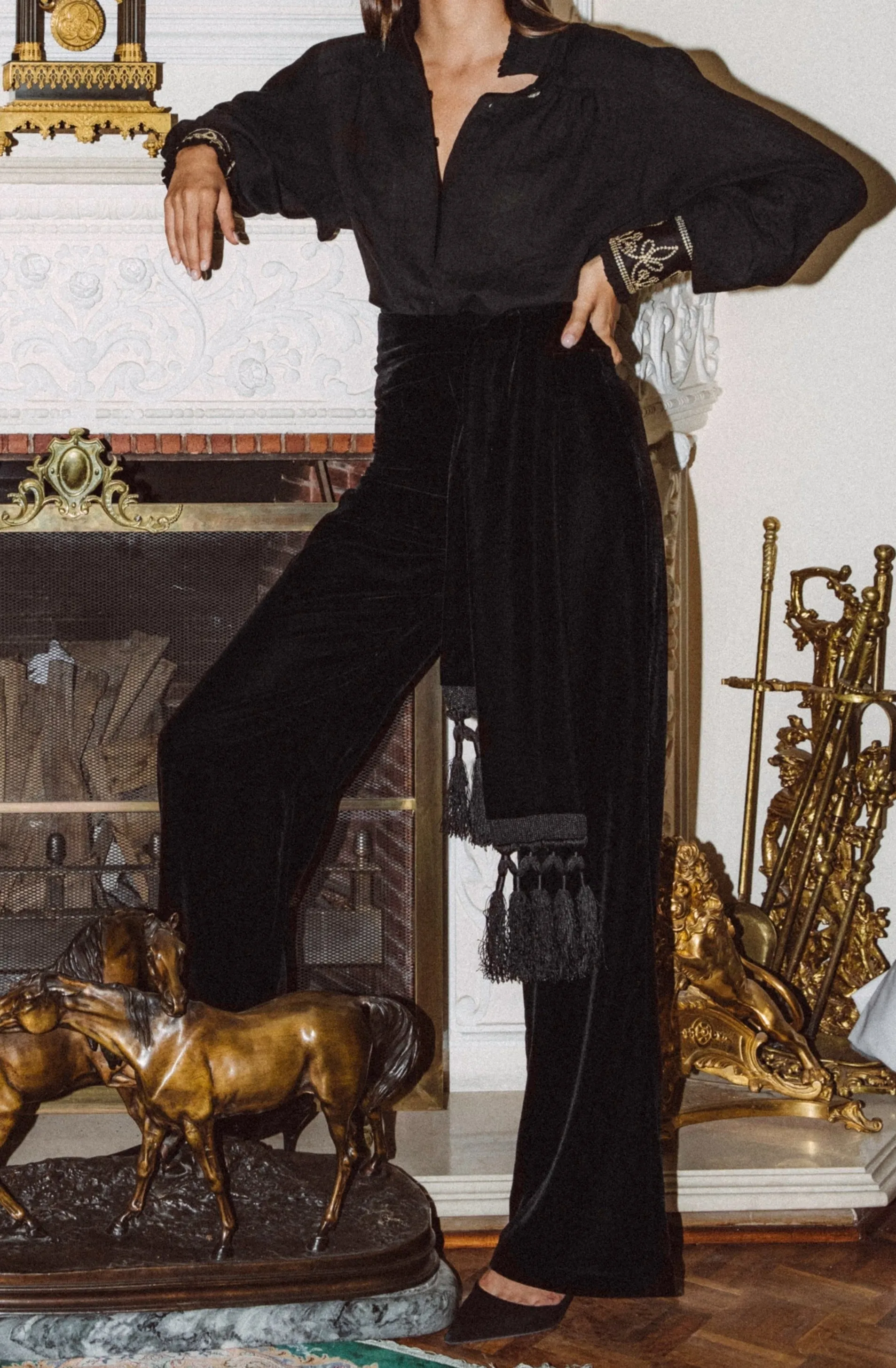 Mahtab Straight Leg Velvet Pants - Black by Rosewater House