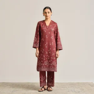 Maroon Contemporary Woollen Kurta Set with Lace Detail