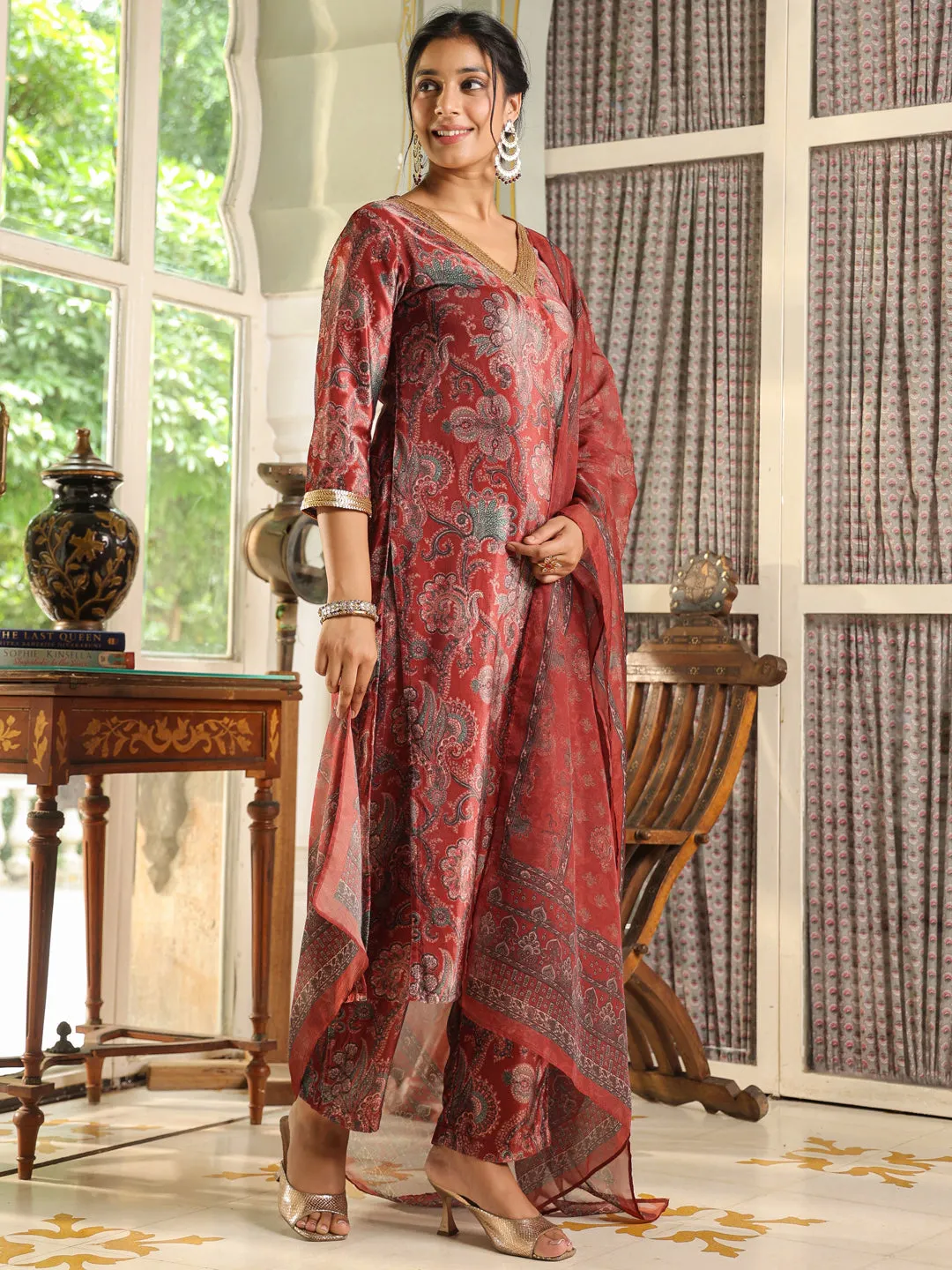 Maroon Velvet Ethnic Floral Printed Straight Kurta Set