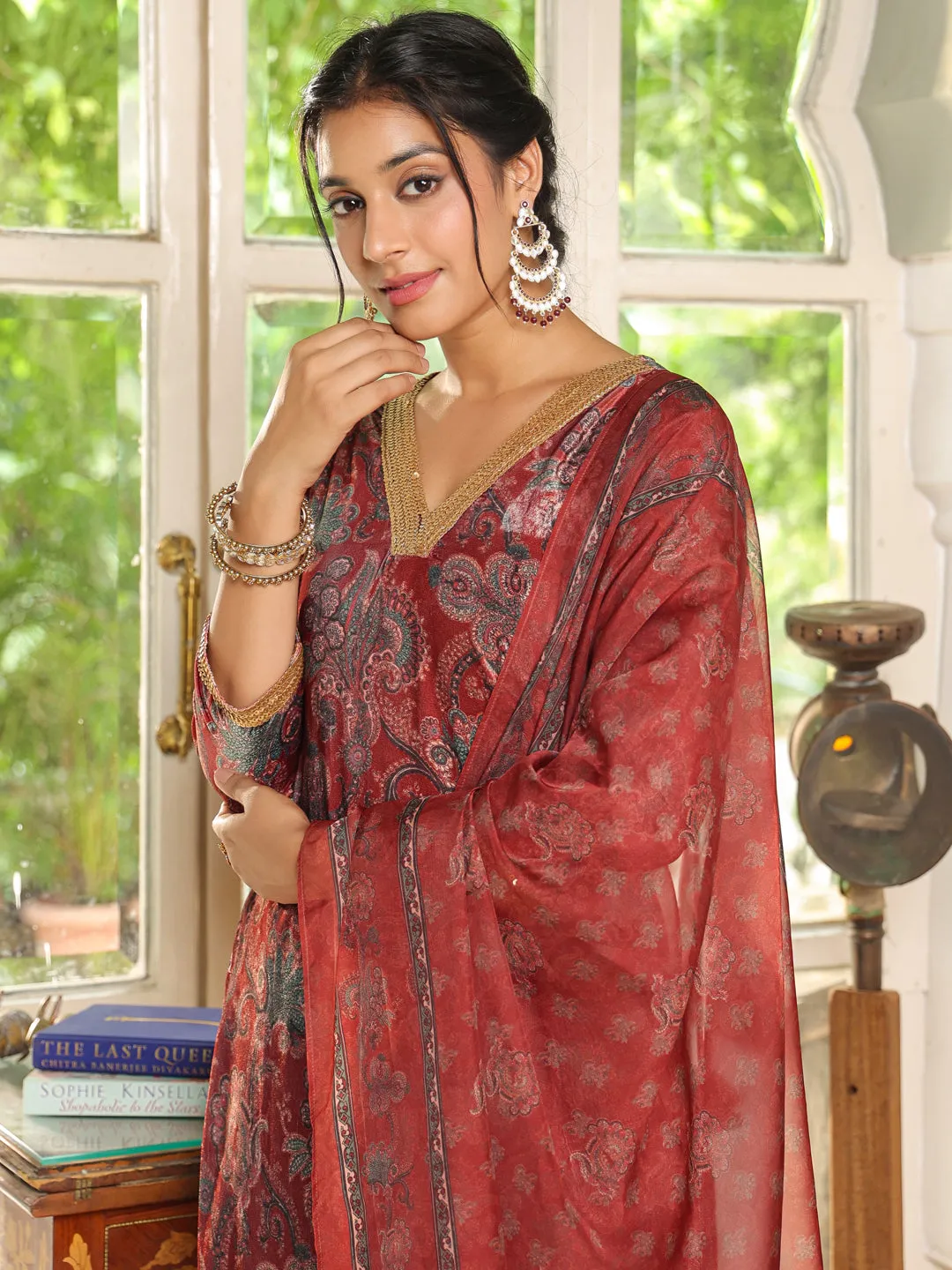 Maroon Velvet Ethnic Floral Printed Straight Kurta Set