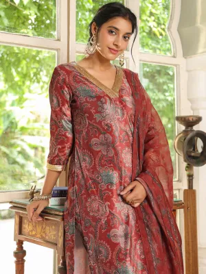 Maroon Velvet Ethnic Floral Printed Straight Kurta Set