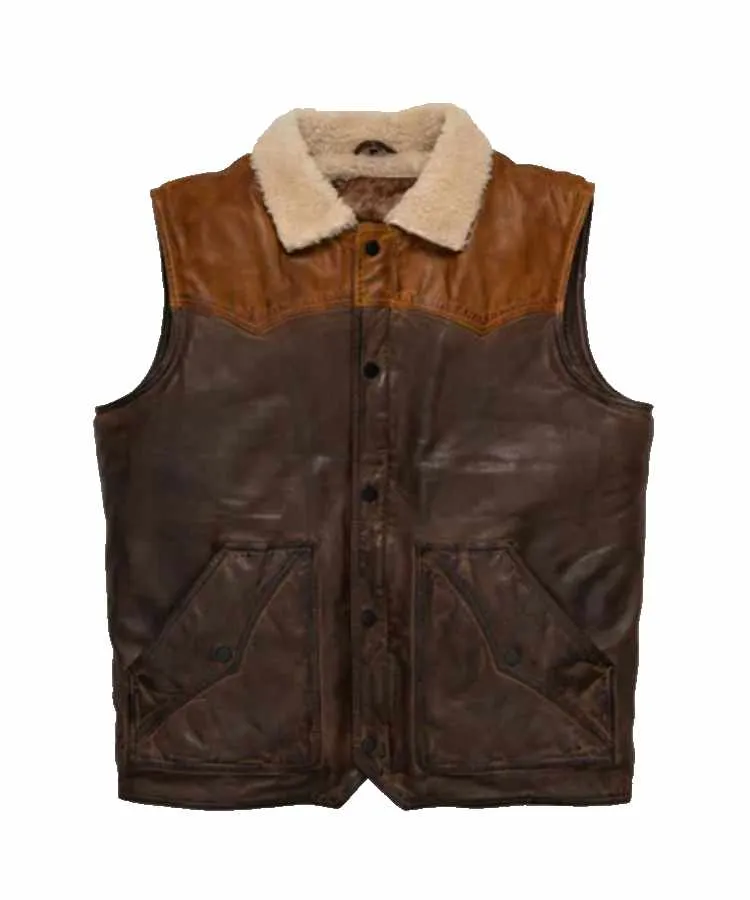 Mens Brown Shearling Fur Sheepskin Leather Vest