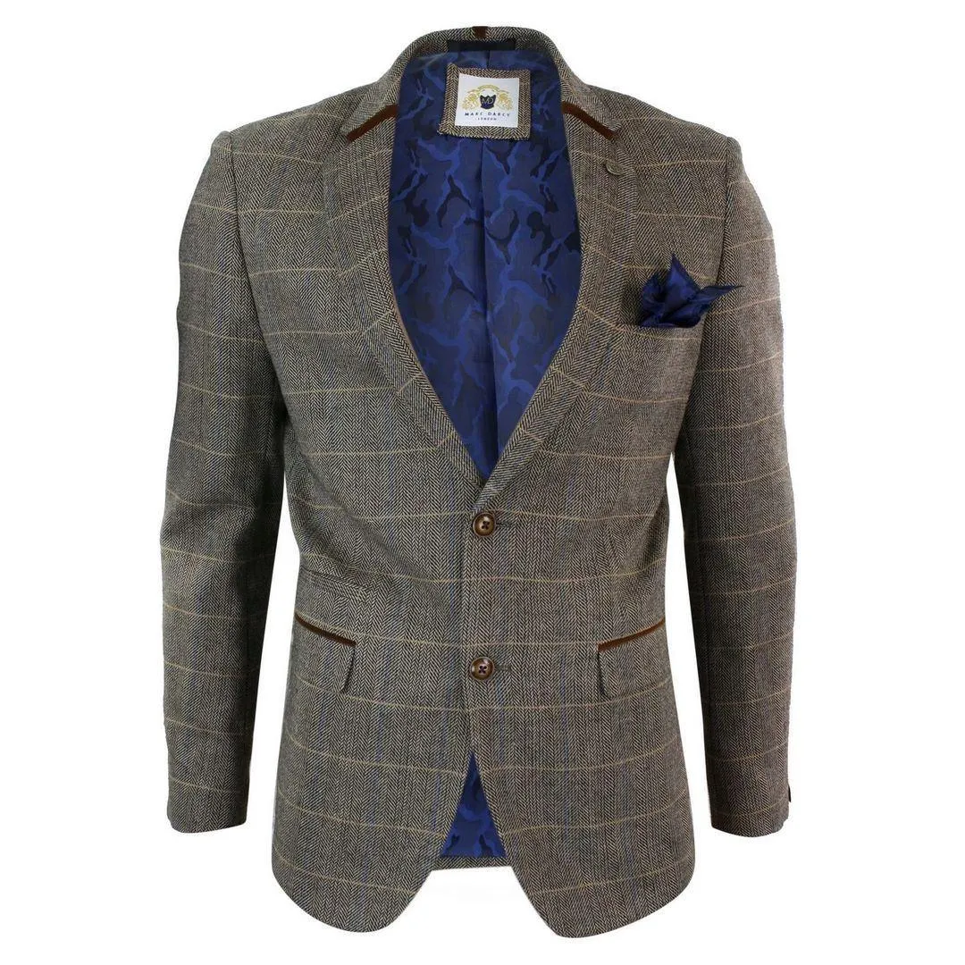 Mens Herringbone Tweed Marc Darcy Tan Brown Slim Fit 2 Button Blazer Check Jacket