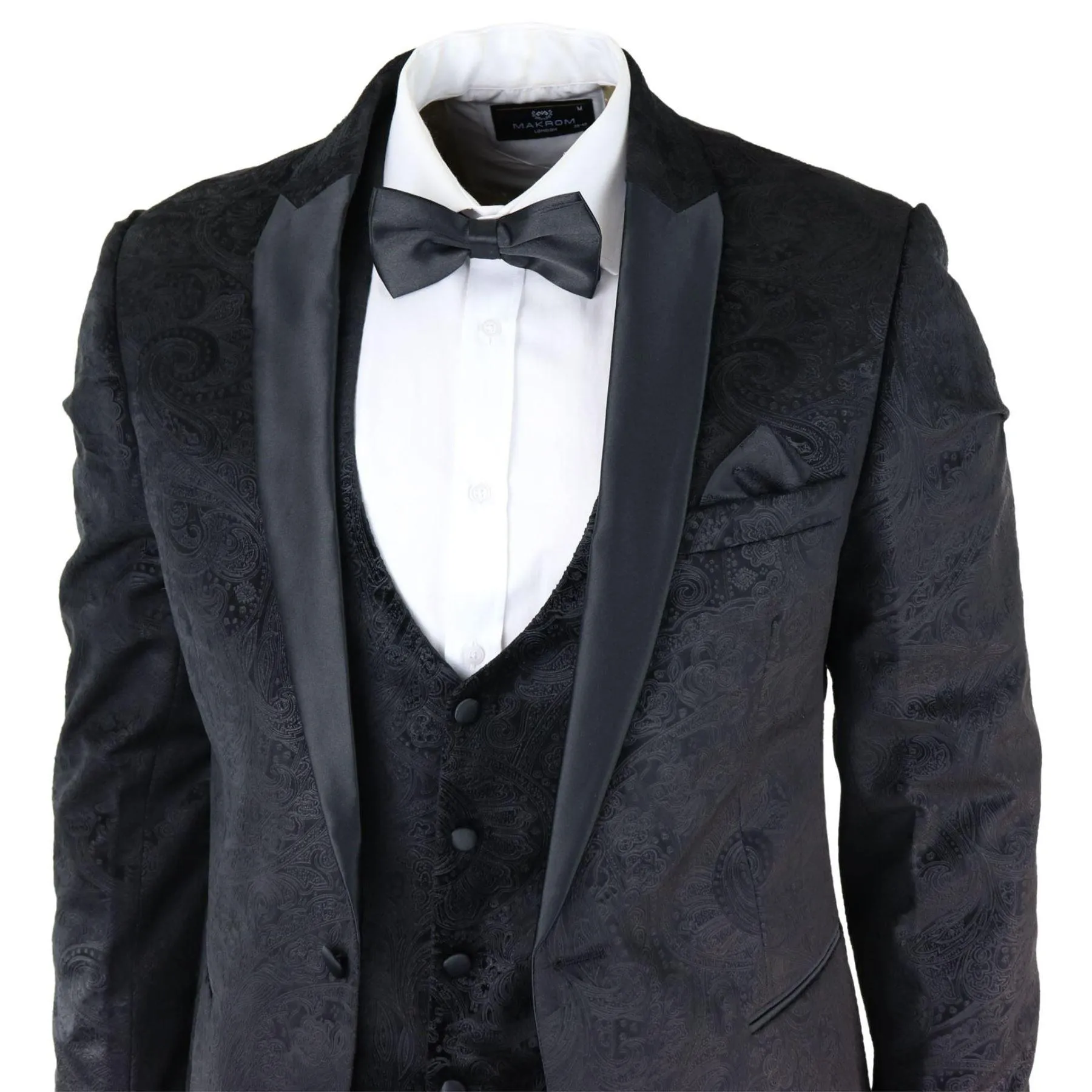 Mens Marc Darcy Velvet Paisley Black Fit 3 Piece Suit Tuxedo Dinner Jacket Wedding