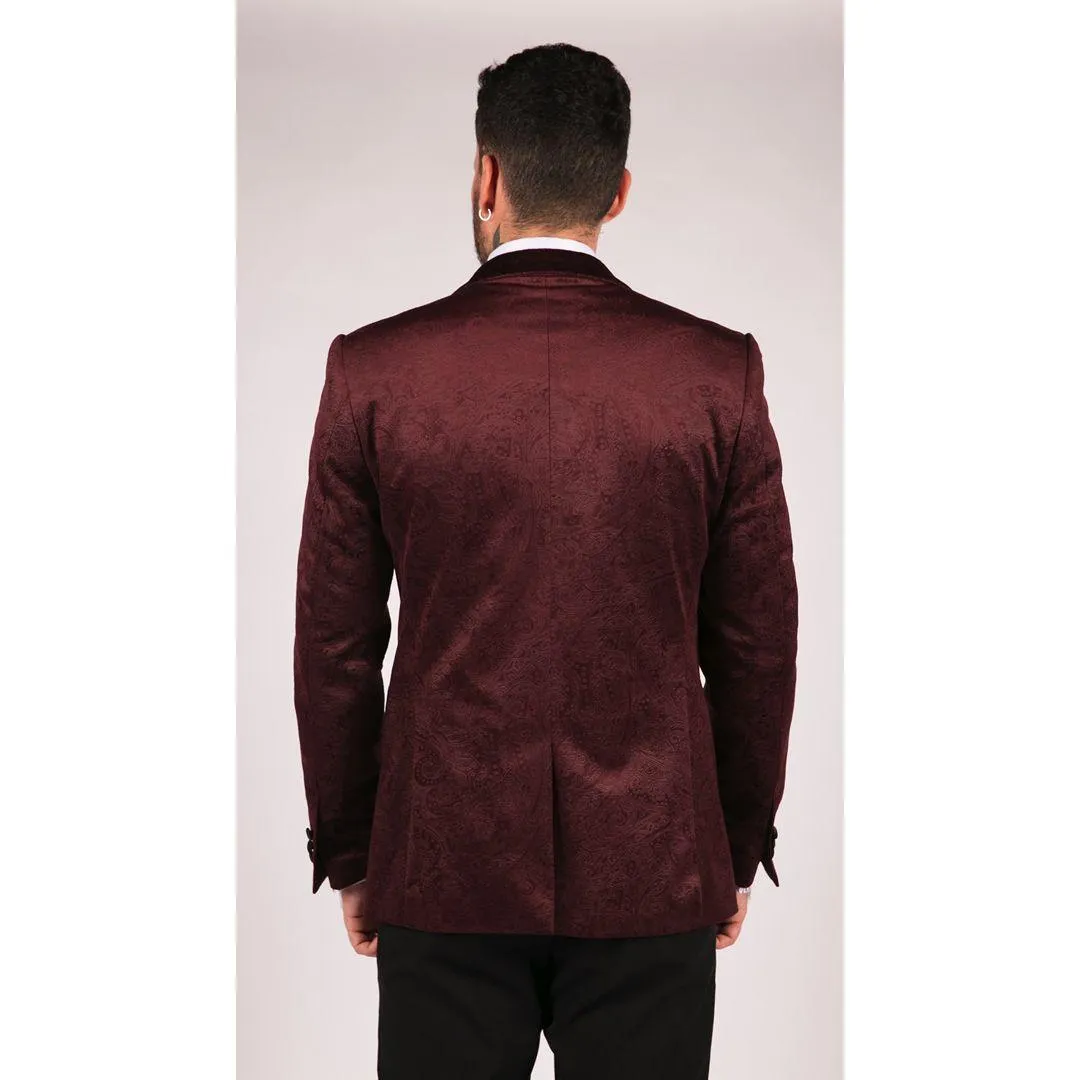 Mens Marc Darcy Velvet Paisley Wine Black Blazer Tuxedo Dinner Jacket Smart Casual