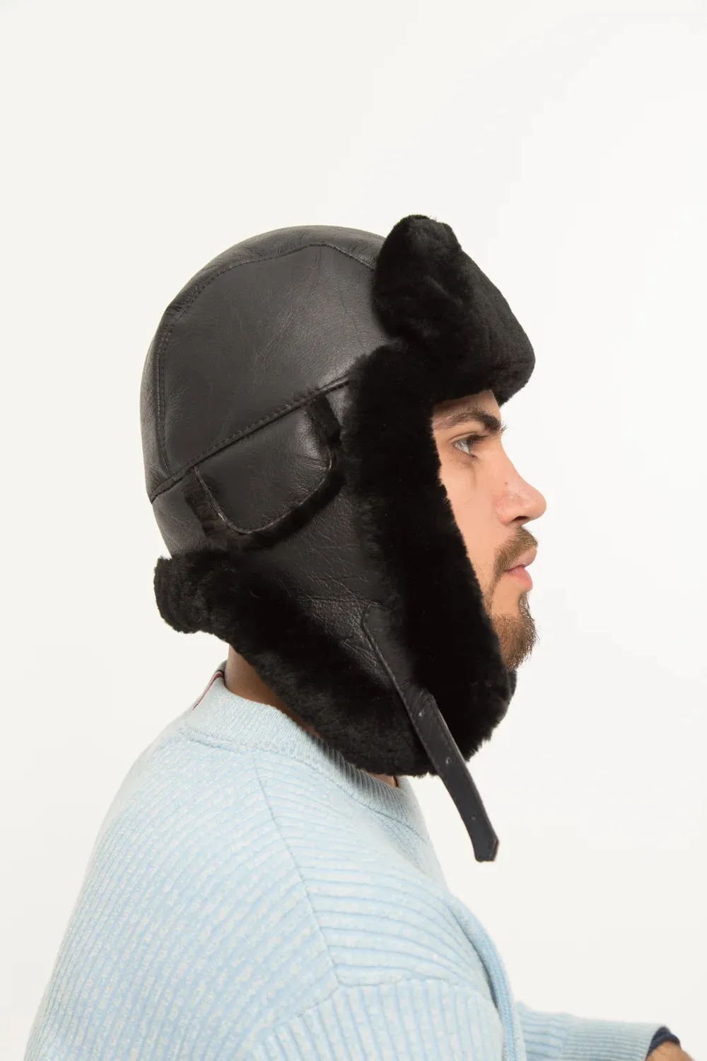 Men's Sheepskin "Aviator" Hat in Black color