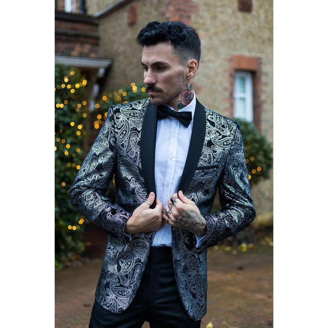 Mens Velvet Paisley Floral Blazer Black Gold Silver Tuxedo Jacket Dinner Suit Tux