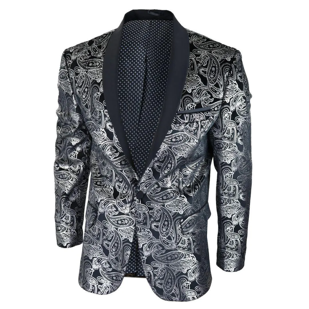 Mens Velvet Paisley Floral Blazer Black Gold Silver Tuxedo Jacket Dinner Suit Tux