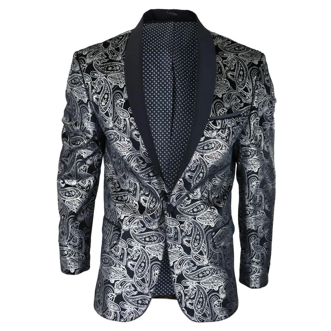 Mens Velvet Paisley Floral Blazer Black Gold Silver Tuxedo Jacket Dinner Suit Tux