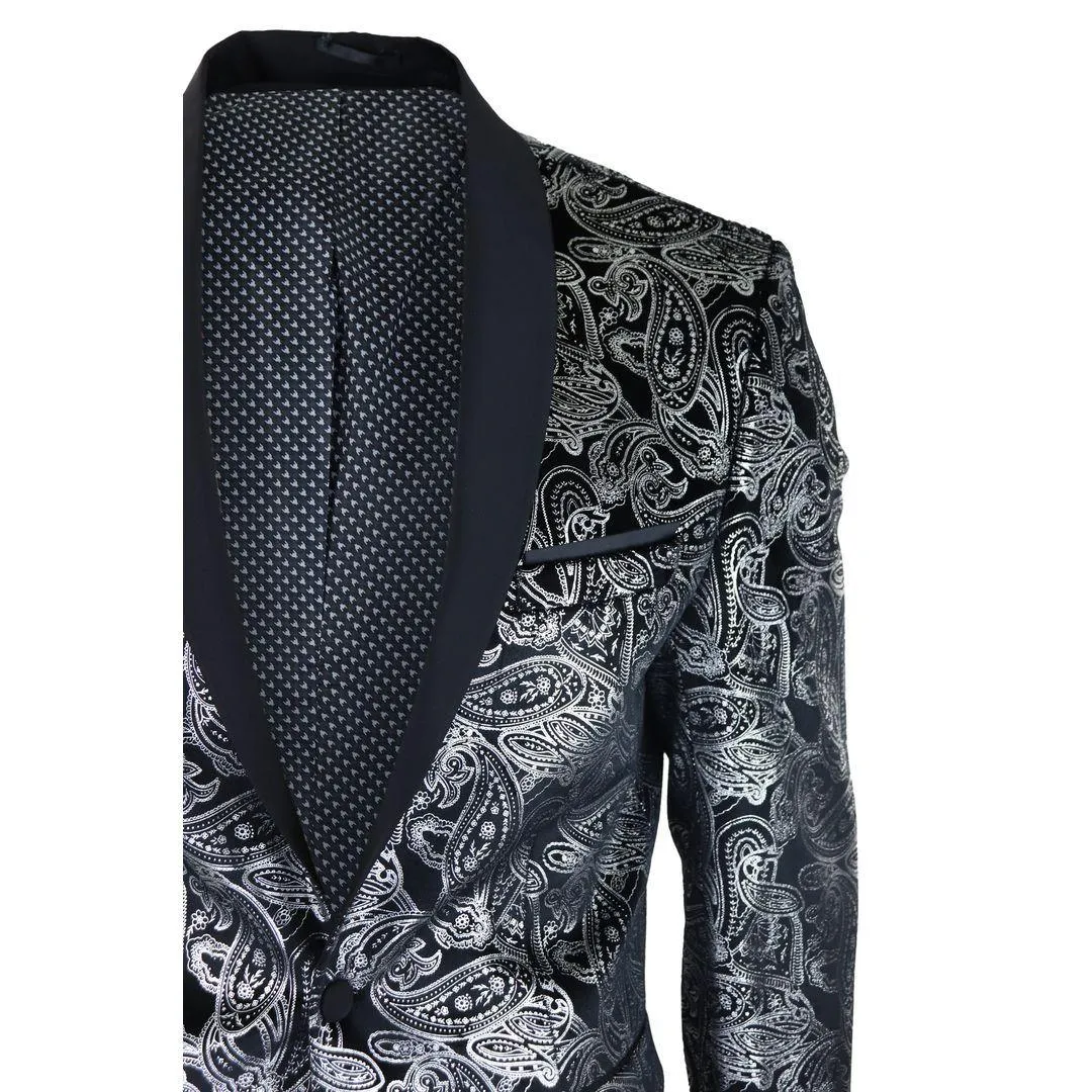 Mens Velvet Paisley Floral Blazer Black Gold Silver Tuxedo Jacket Dinner Suit Tux