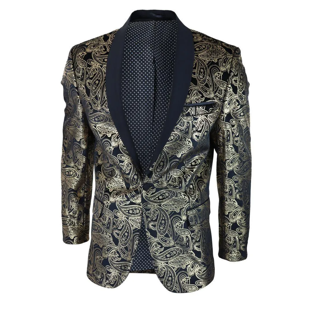 Mens Velvet Paisley Floral Blazer Black Gold Silver Tuxedo Jacket Dinner Suit Tux