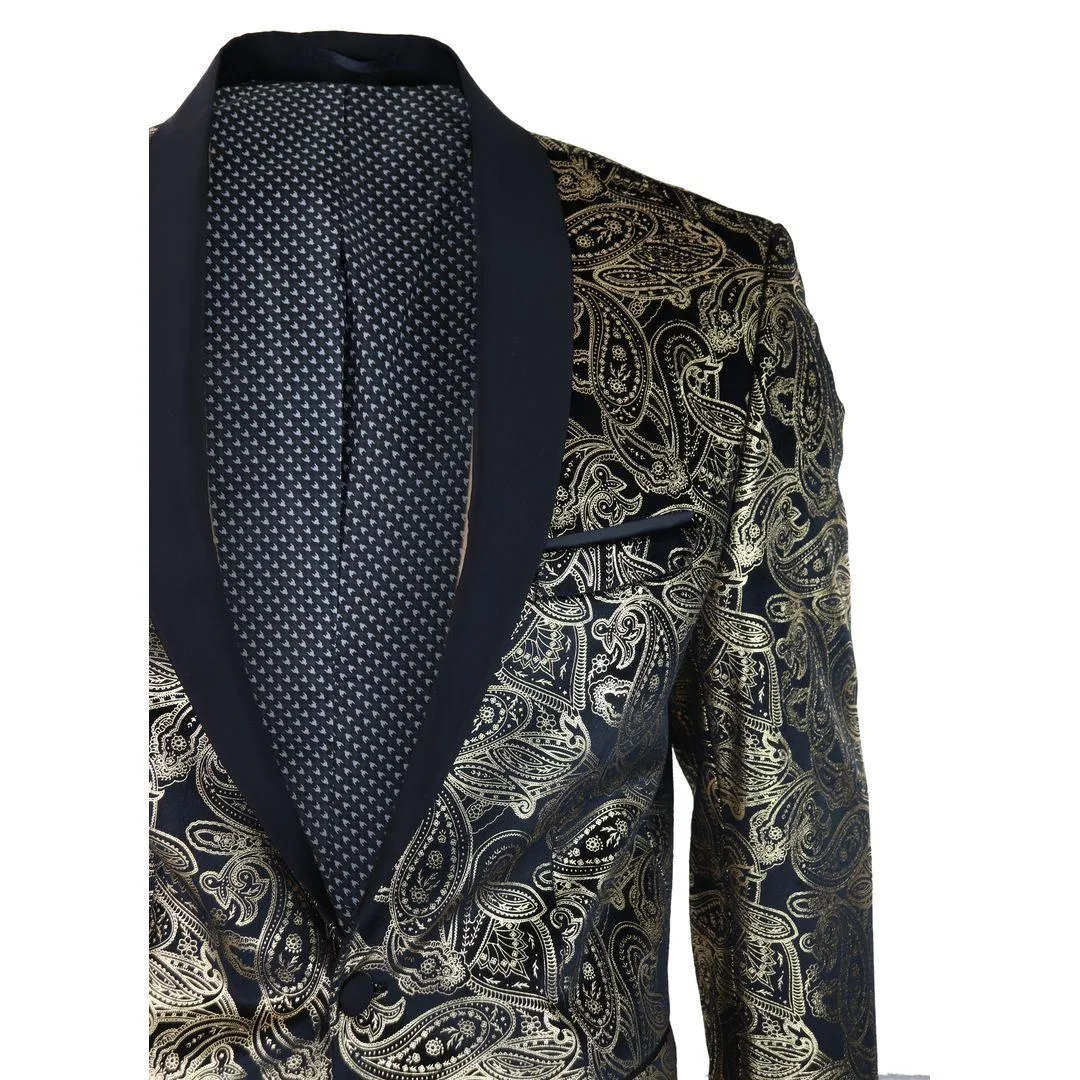 Mens Velvet Paisley Floral Blazer Black Gold Silver Tuxedo Jacket Dinner Suit Tux