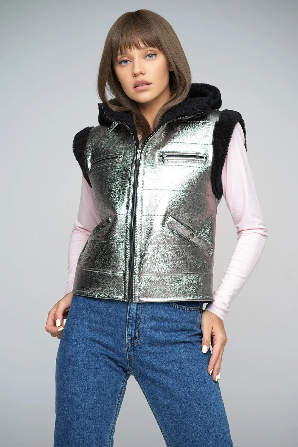 Metallic Silver Merino Shearling Hooded Vest