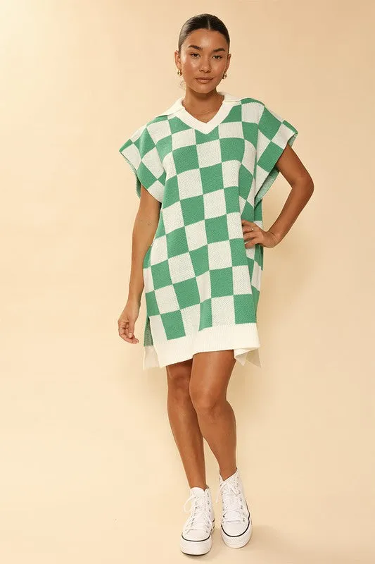 MISS SPARKLING Green-White Checker knit poncho Dress