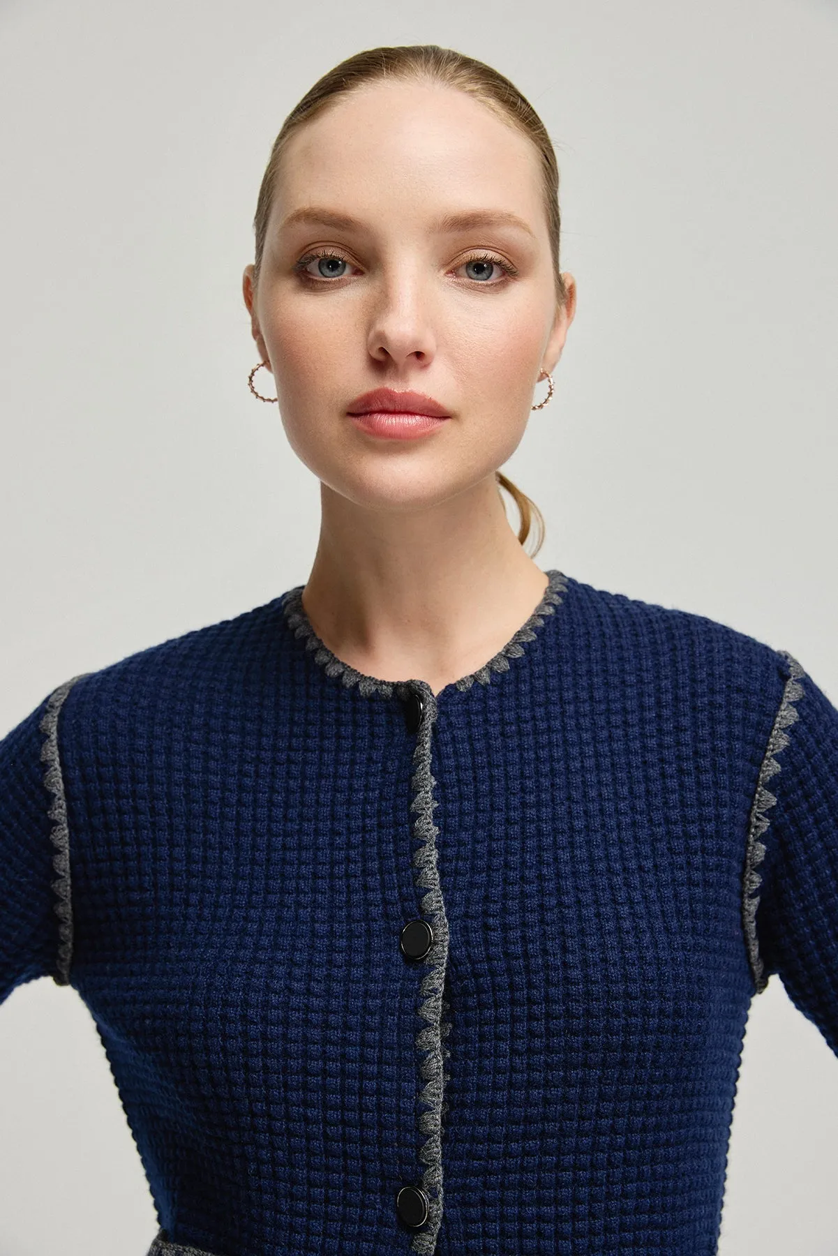 Navy Blue Cashmere Wool Giselle Round Neck Textured Cardigan