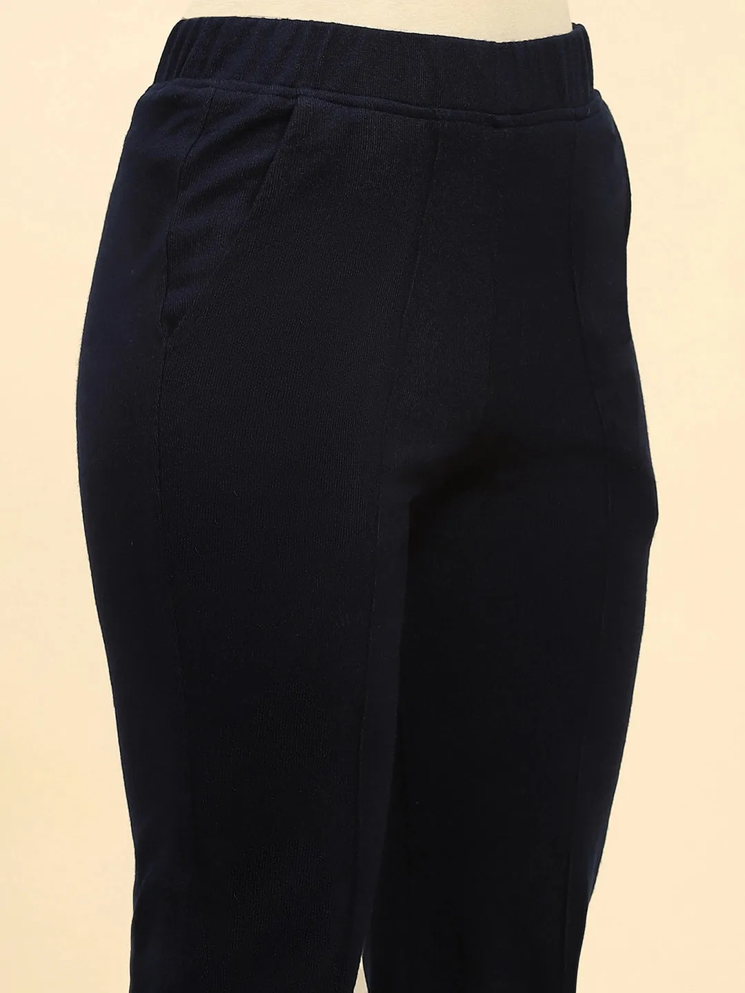 Navy Blue Woolen Solid Pant For Winter