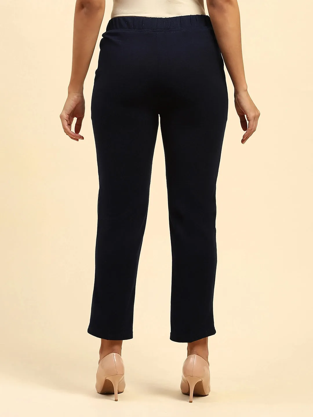 Navy Blue Woolen Solid Pant For Winter