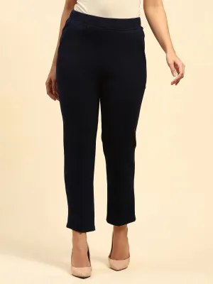 Navy Blue Woolen Solid Pant For Winter