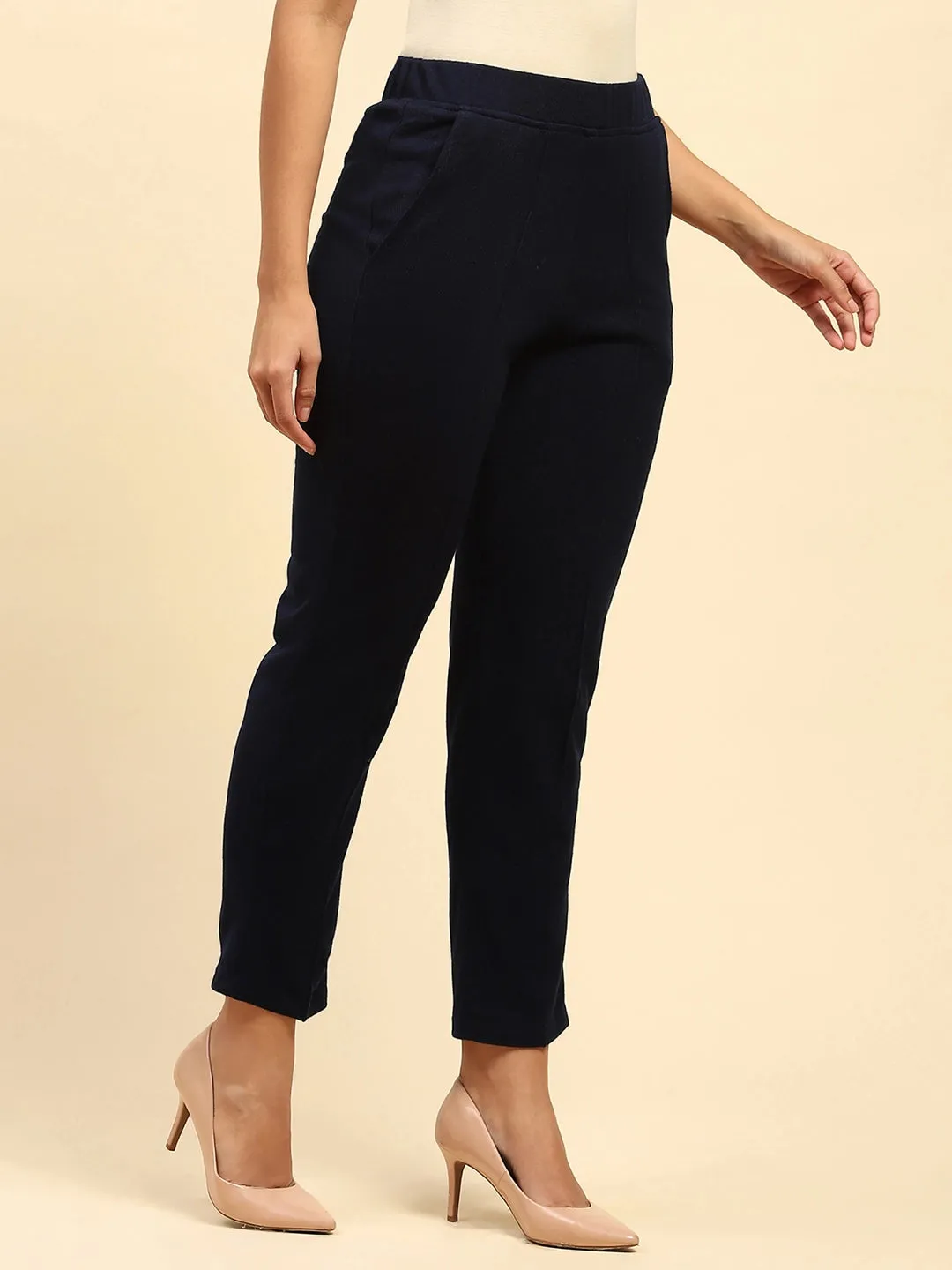 Navy Blue Woolen Solid Pant For Winter