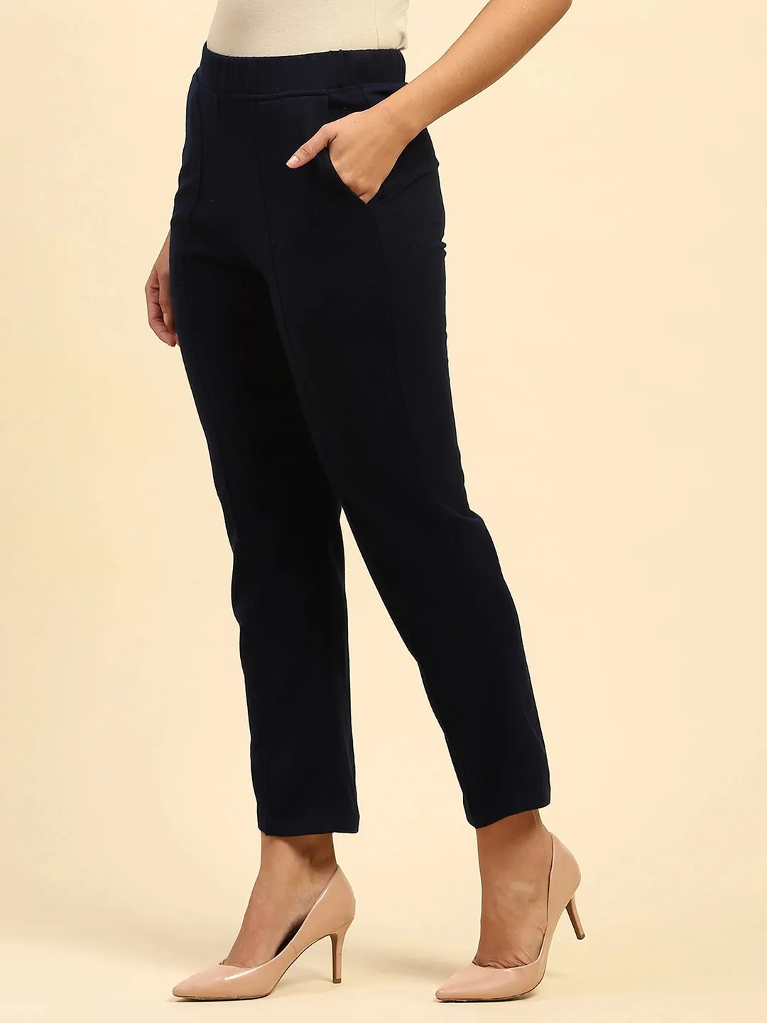 Navy Blue Woolen Solid Pant For Winter