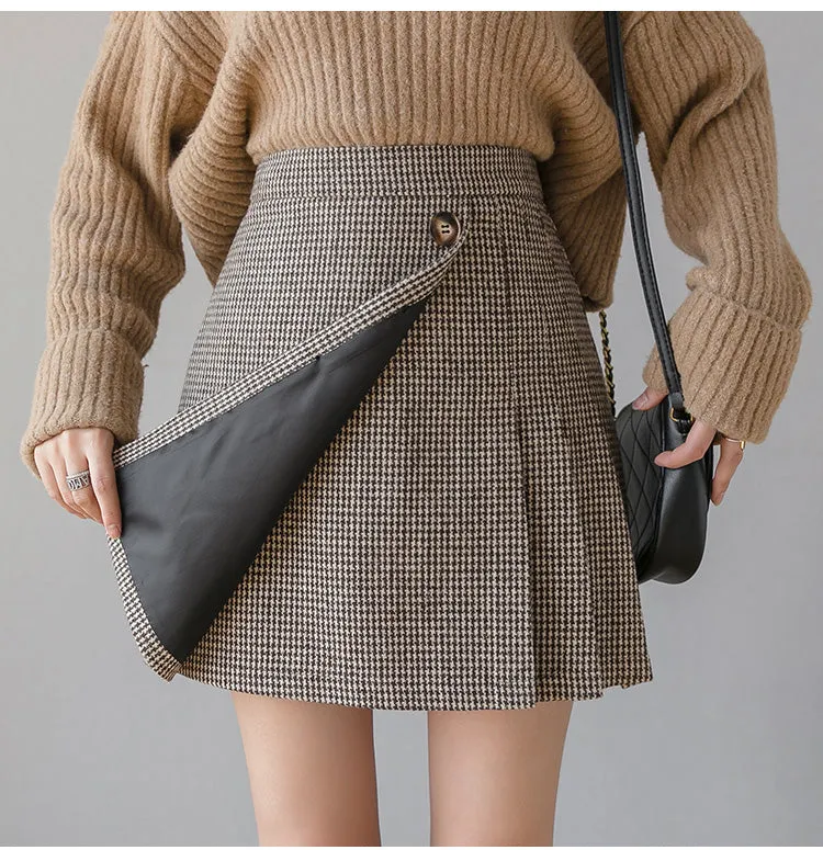 new stylish thousands bird plaid woolen A line pleated skirt irregular hem girl high waist pleated for girls in winter