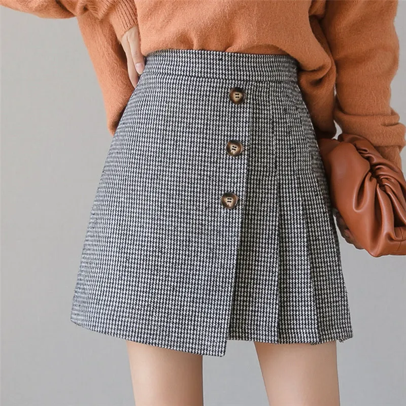 new stylish thousands bird plaid woolen A line pleated skirt irregular hem girl high waist pleated for girls in winter