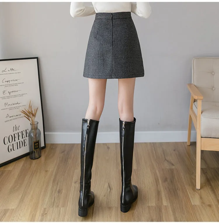 new stylish thousands bird plaid woolen A line pleated skirt irregular hem girl high waist pleated for girls in winter