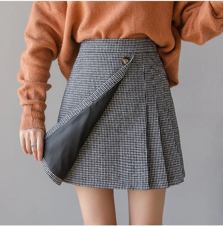 new stylish thousands bird plaid woolen A line pleated skirt irregular hem girl high waist pleated for girls in winter