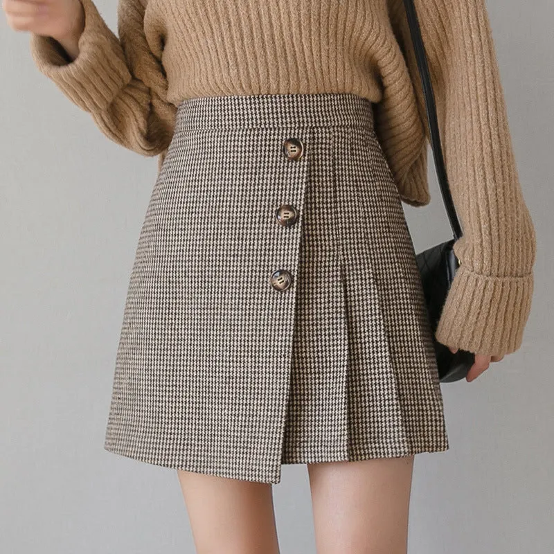 new stylish thousands bird plaid woolen A line pleated skirt irregular hem girl high waist pleated for girls in winter