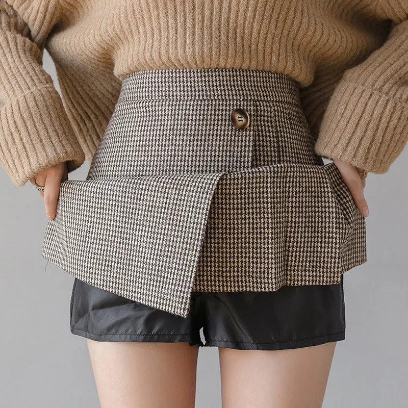 new stylish thousands bird plaid woolen A line pleated skirt irregular hem girl high waist pleated for girls in winter