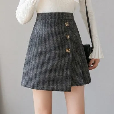 new stylish thousands bird plaid woolen A line pleated skirt irregular hem girl high waist pleated for girls in winter