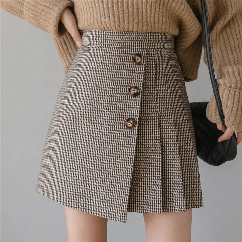 new stylish thousands bird plaid woolen A line pleated skirt irregular hem girl high waist pleated for girls in winter