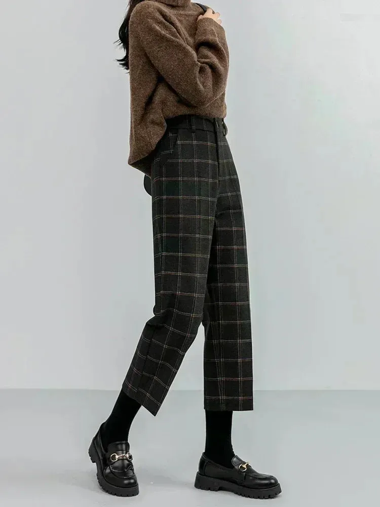 Purpdrank New Autumn Winter Woolen Plaid Women Formal Straight Pants High Waist Ankle-Length Chic Loose Ladies Pants Pocket