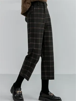 Purpdrank - New Autumn Winter Woolen Plaid Women Formal Straight Pants High Waist Ankle-Length Chic Loose Ladies Pants Pocket