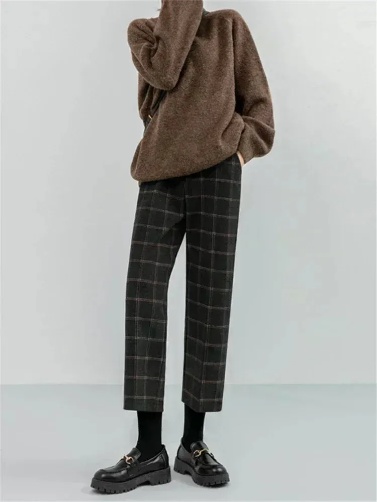 Purpdrank New Autumn Winter Woolen Plaid Women Formal Straight Pants High Waist Ankle-Length Chic Loose Ladies Pants Pocket