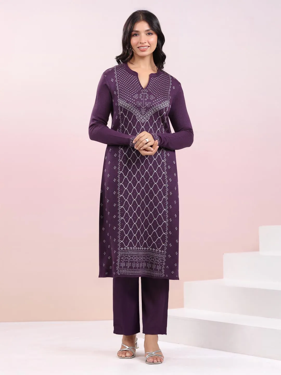 Purple Woolen Knitted Geometric Straight Winter Kurta Set