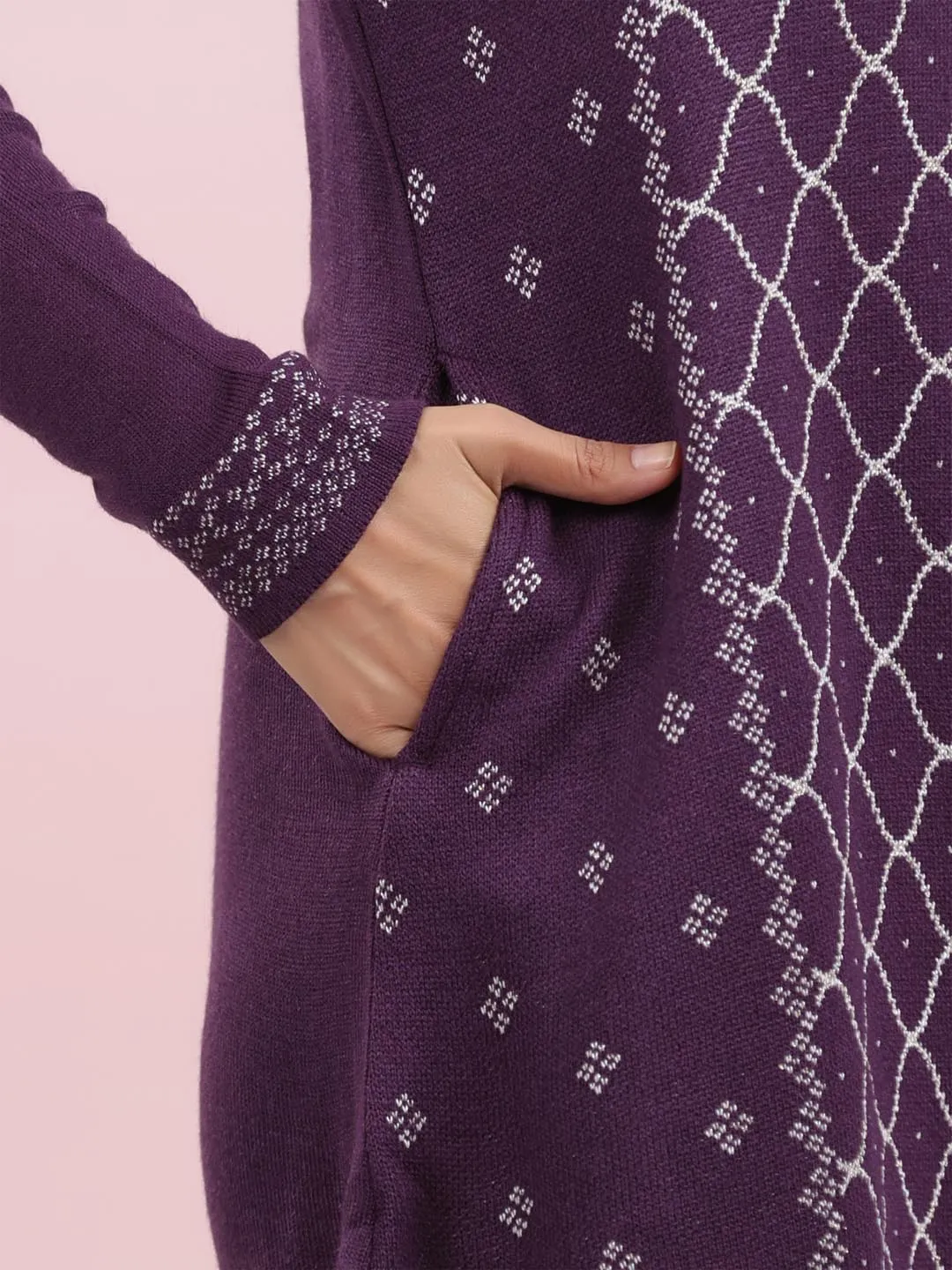 Purple Woolen Knitted Geometric Straight Winter Kurta Set