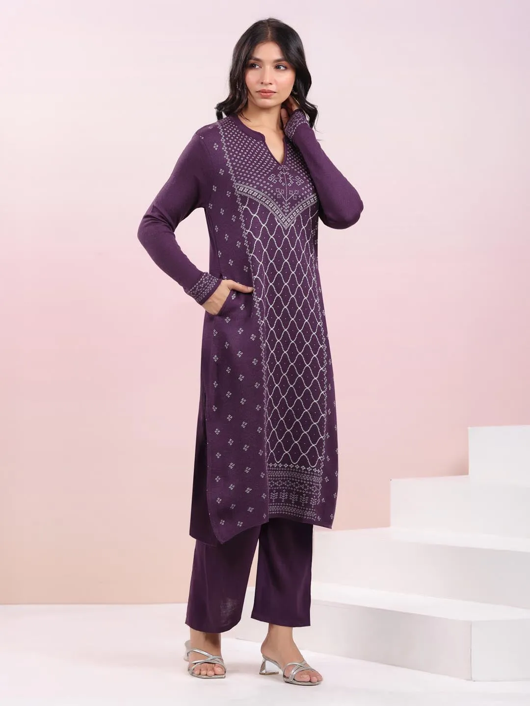 Purple Woolen Knitted Geometric Straight Winter Kurta Set