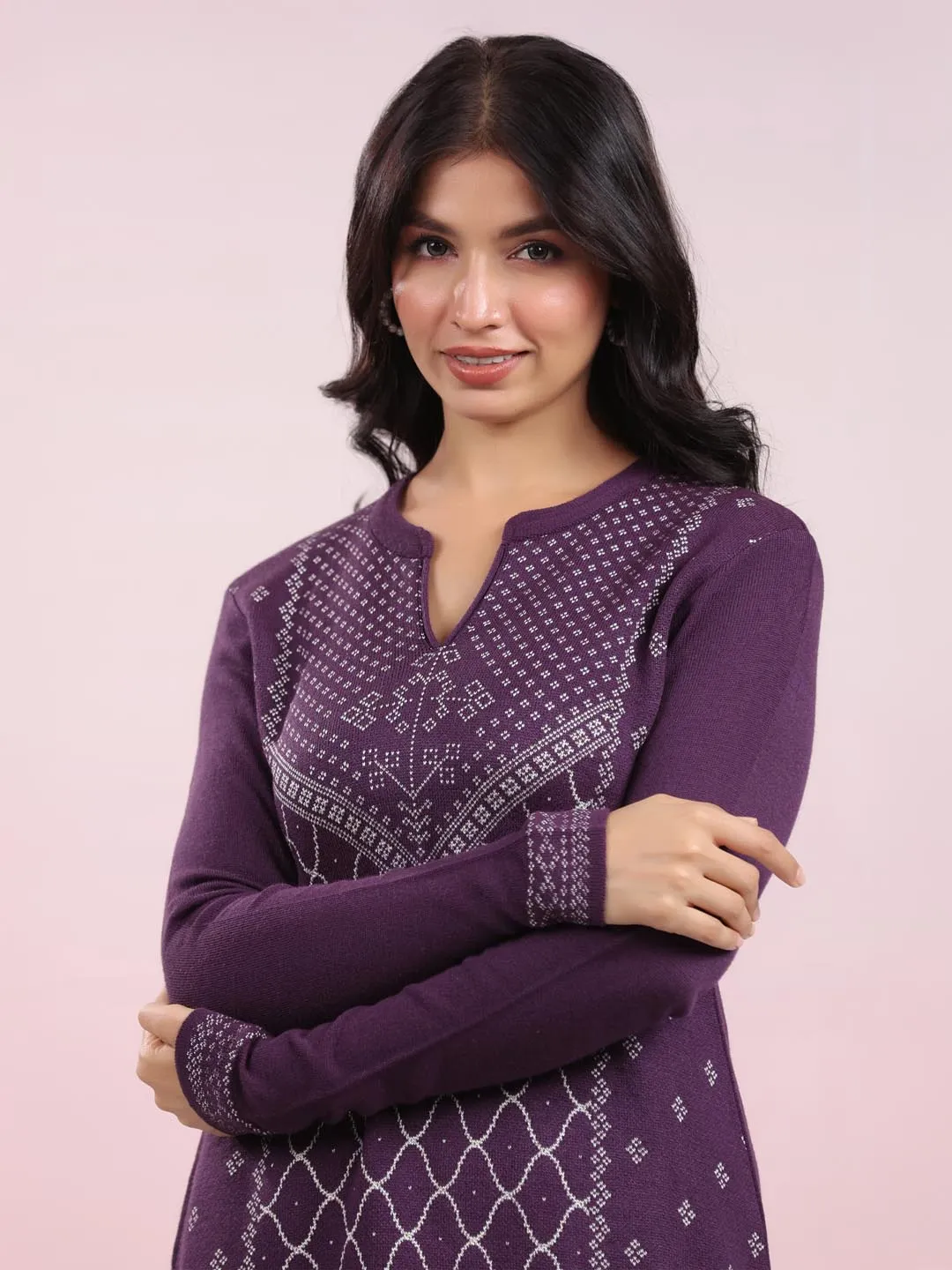 Purple Woolen Knitted Geometric Straight Winter Kurta Set